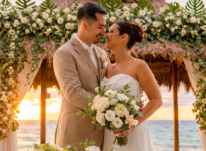 newlyweds-embracing-under-a-tropical-palapa-during-a-romantic-beach-wedding - WEGROUP